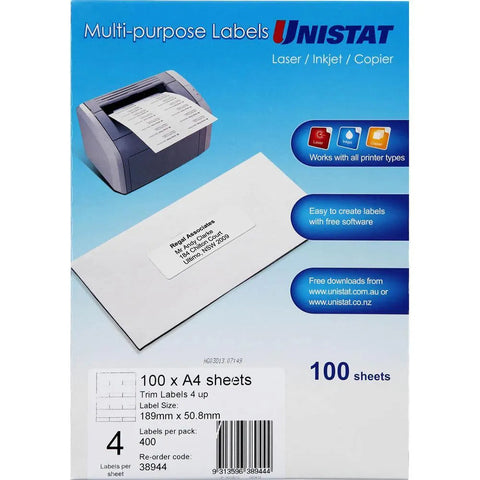 Unistat 38944 Labels 4UP/Page 189x50.8mm Pack 100 Sheets