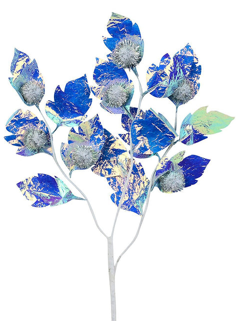Christmas Warehouse - STEM2535 Iridescent Blue Hawthorn Like Leaf Spray Long Christmas Tree Clip Stem | 50cm Light Blue
