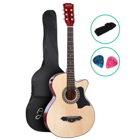 Alpha 38" Acoustic Guitar Wooden Body Steel String Full Size Cutaway (Wood)