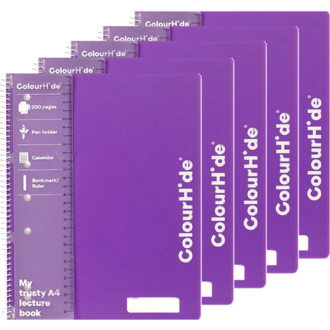 Colourhide Pack 5 Lecture Exercise Notebook 200 Pages A4 (Purple)