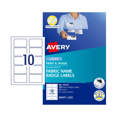 Avery Fabric Print & Divide Name Badges Labels for Laser Printers, 88 x 52 mm [150-Pieces]
