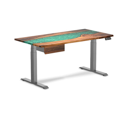 Desky Dual Resin Hardwood Standing Desk With Drawer 150cm Natural Walnut Emerald River Desktop and Space Grey Frame