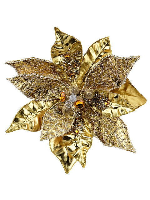 Christmas Warehouse - PICK2515 Large Gold Gloss & Glitter Web Vein Poinsettia Christmas Tree Clip Pick | 36cm Gold with Silver, Orange & White