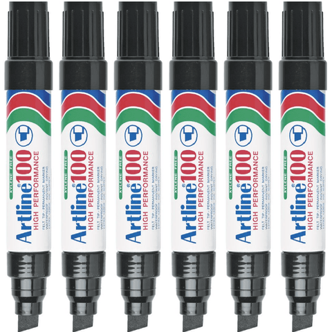 Artline 100 Box 6 Permanent Marker 12mm Chisel Tip Thick Nib (Black)