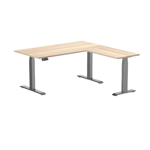 Desky Eco L-Shape Melamine Sit Stand Desk 150 x 155 cm Classic Oak Top and Space Grey Leg