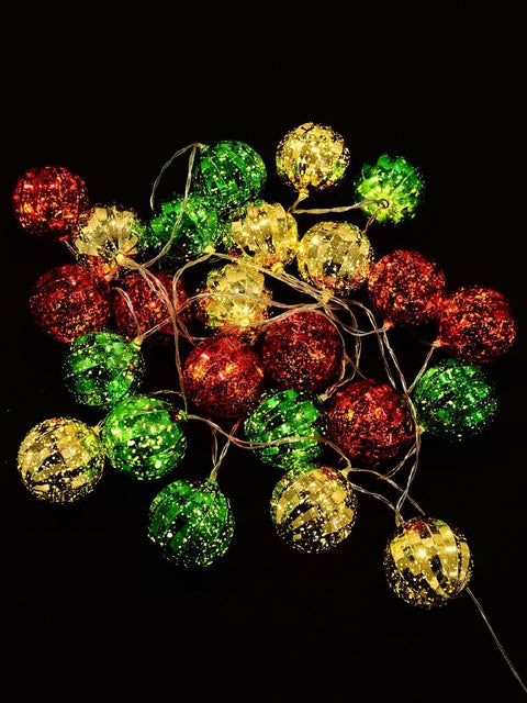 Christmas Warehouse - LITEFR20 24 Warm White LED With Red Green & Gold Whirlpool Baubles | 3.4m Red, Green & Gold with Warm White