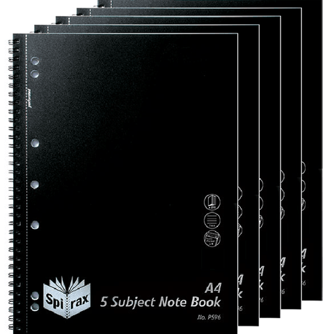 Spirax P596 5-Subject Notebook - A4, Black (5 Pack)