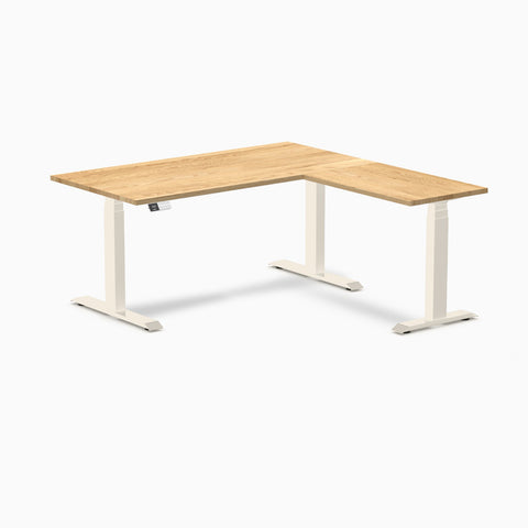 Desky Hardwood L-Shape Sit Stand Desk 150 x 155 cm White Oak / Wheat Top and Wheat Leg