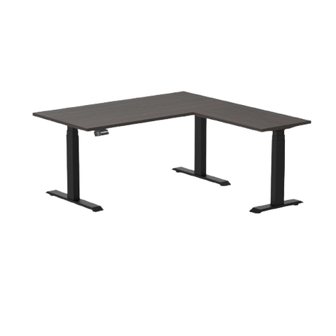 Desky Eco L-Shape Melamine Sit Stand Desk 150 x 155 cm Burnished Wood Top and Matte Black Leg