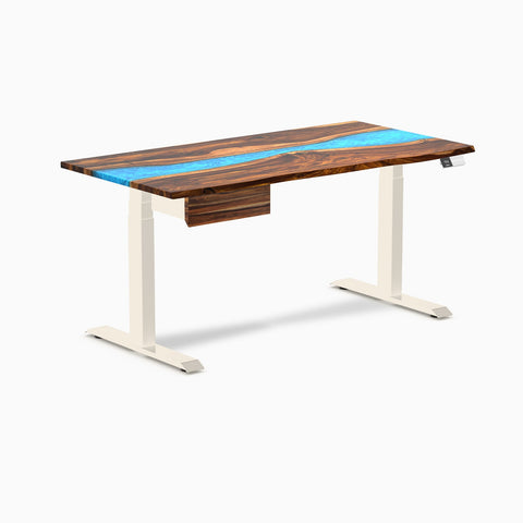 Desky Dual Resin Hardwood Standing Desk With Drawer 150cm Pheasantwood Blue River Desktop and Wheat Frame