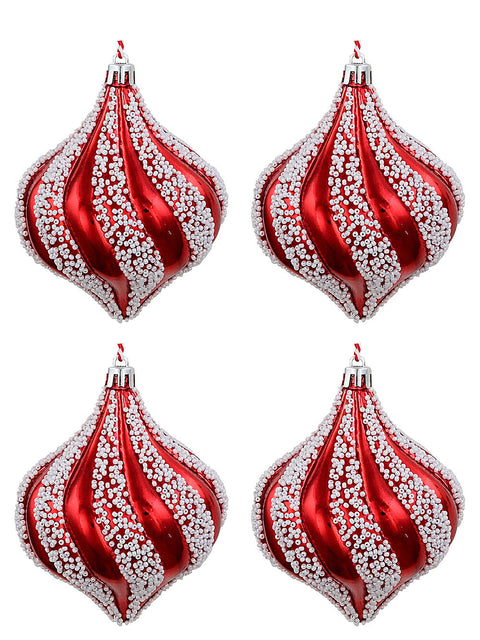 Christmas Warehouse - DECR2664 4x Classic Glossy Red & White Signature Bead Spiral Onion Finial Drops | 80mm Red with White