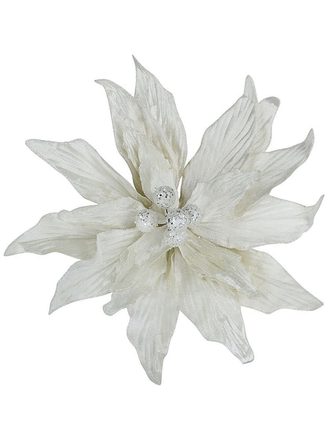 Christmas Warehouse - PICK2403 Large Ivory Poinsettia With Glitter & Sequins Christmas Clip Pick | 44cm Ivory with Silver