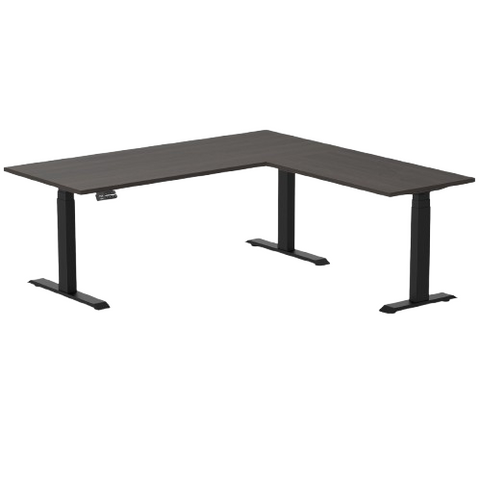 Desky Eco L-Shape Melamine Sit Stand Desk 180 x 175 cm Burnished Wood Top and Matte Black Leg