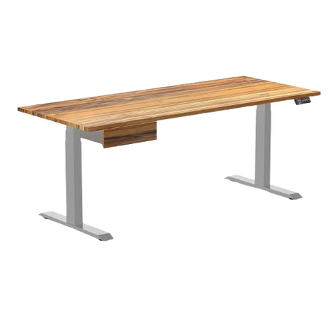 Desky Dual Hardwood Standing Desk With Drawer 180cm Teak Desktop and Grey Frame