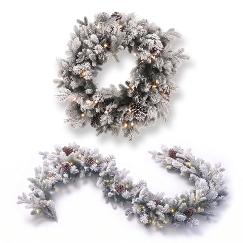 Christabelle Snowy Dorchester Christmas 2pc Set 61cm Christmas Wreath and Garland with LED Lights Holiday Decor