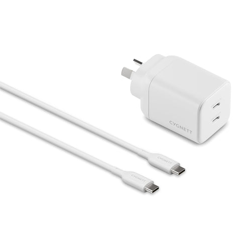 Cygnett Charge & Connect 60W Dual USB-C Wall Charger with 1m C-C Cable (White)