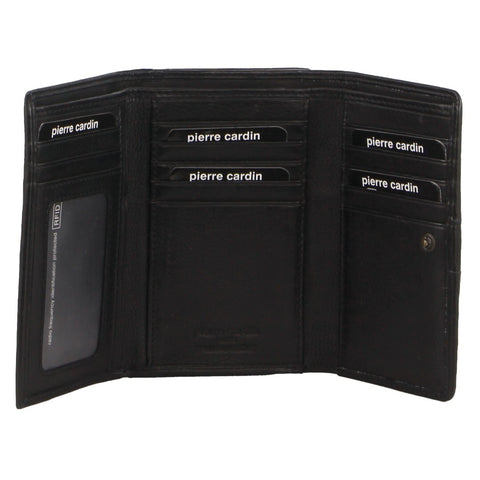 Pierre Cardin Womens Leather Woven Design Tri Fold RFID Wallet Travel in Black