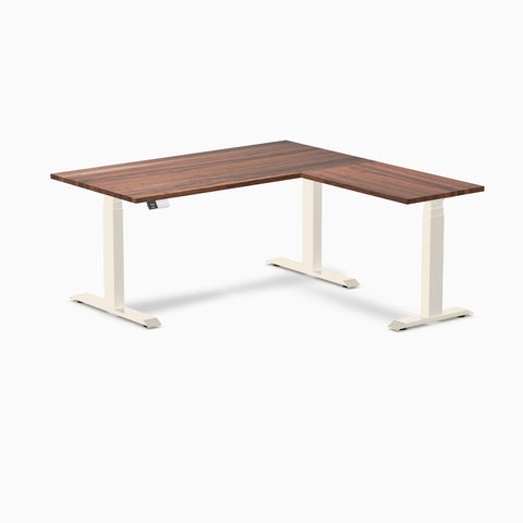 Desky Hardwood L-Shape Sit Stand Desk 150 x 155 cm Walnut / Wheat Top and Wheat Leg