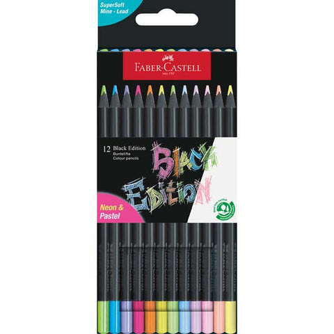 Faber Castell Black Edition Colour Pencils, Pastel & Neon Colours - 12 Pack