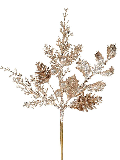 Christmas Warehouse - PICK2221 Champagne Mixed Foliage With Pinecone & Berries Christmas Stem Pick | 28cm Champagne