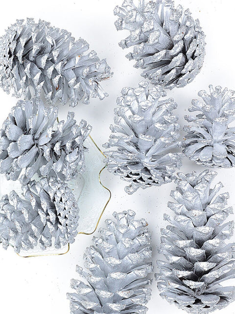 Christmas Warehouse - ORNMNT54 Natural Large Silver Glittered Pinecones | 200g Silver