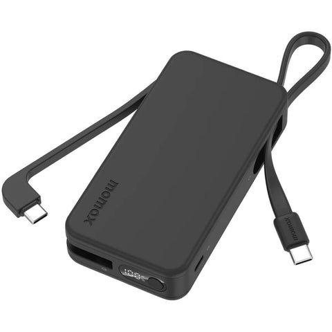 Momax 1-Power Vital+ 10000mAh Battery Pack with Dual Built-in USB-C Cable (Black)