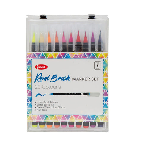 Jasart 20pc Water-Based Real Brush Marker Set Drawing School Stationery with Case