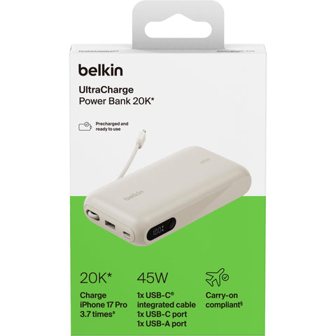 Belkin UltraCharge 20K 45W Power Bank with Integrated Cable and Display (Sand)