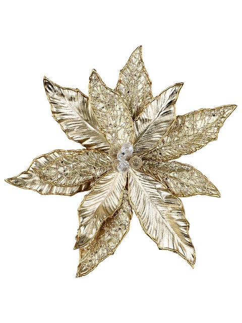 Christmas Warehouse - PICK2513 Matte Gold & Shiny Champagne Poinsettia Christmas Tree Clip Pick | 32cm Matte Gold & Champagne