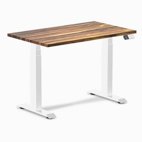 Desky Dual Mini Hardwood Sit Stand Desk 100cm Pheasantwood Desktop and White Frame