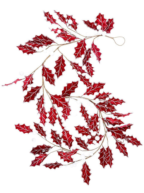 Christmas Warehouse - GARL1526 1.8m Red Velvet Holly Leaf Christmas Vine Garland | Silver Glitter & Snow Berries Red with White & Silver on Brown