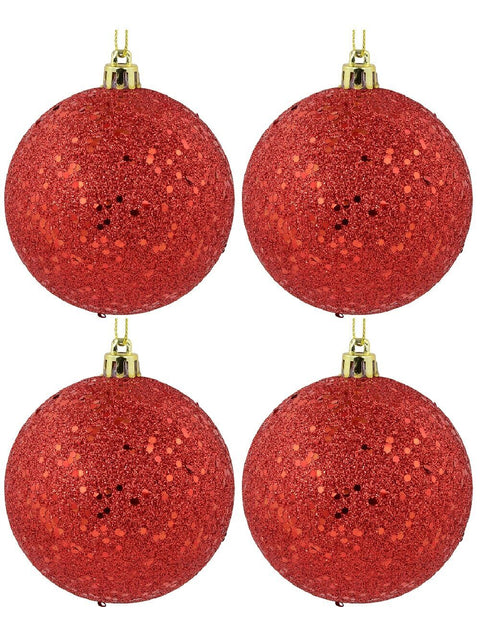 Christmas Warehouse - DECR1135 4x Radiant Red Metallic Sequin & Glitter Statement Baubles | 80mm Red
