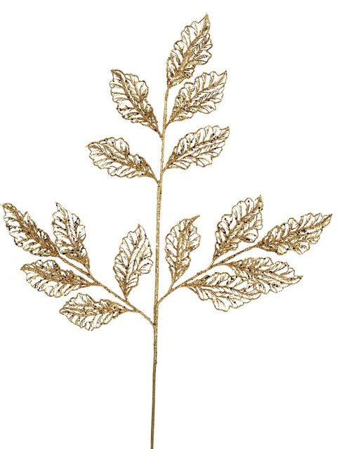 Christmas Warehouse - STEM2304 Gold Glitter Filigree Netted Vein Leaves Spray Long Christmas Stem | 66cm Gold