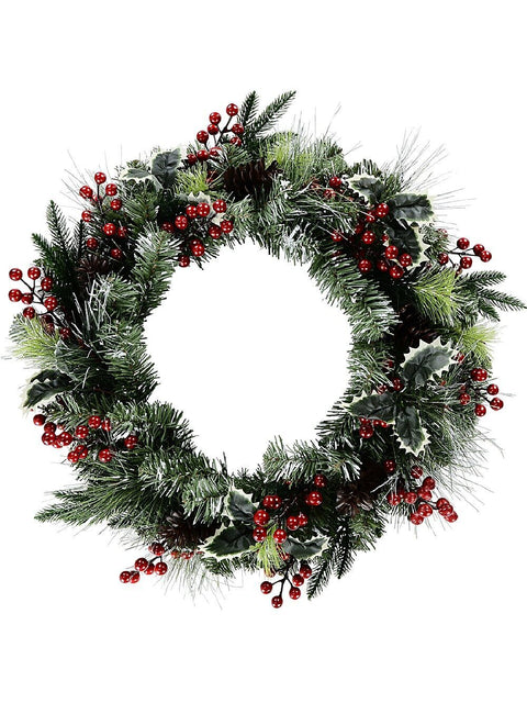 Christmas Warehouse - PREDW827 58cm Snowy Forest Christmas Wreath With Mixed Pine Spruce & Holly Gren with Red, Brown & White