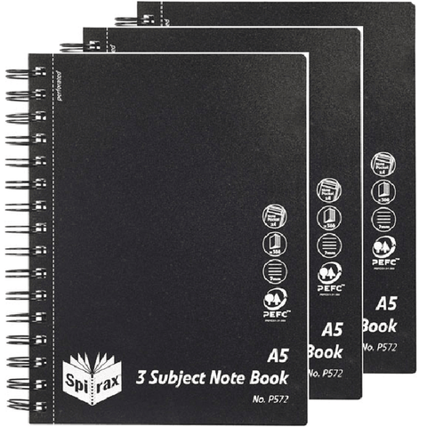 Spirax P572 3-Subject Notebook Spiral Bound 300 Page A5 (Black) [3 Pack]