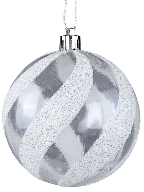 Christmas Warehouse - DECRH098 White & Clear Whimsical Glitter Candy Swirl Bauble | 80mm Clear With White & Silver