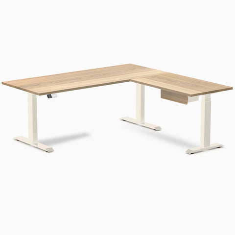 Desky Hardwood L-Shape Standing Desk With Drawer 180 x 175 cm White Ash / Wheat Top and Wheat Leg