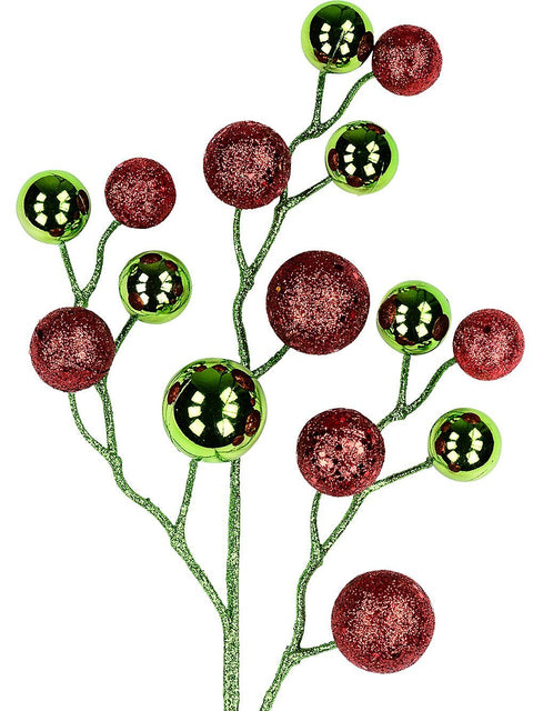 Christmas Warehouse - STEM2409 Shiny Lime & Red Glitter Bauble Cluster Long Christmas Stem | 42cm Lime Green & Red