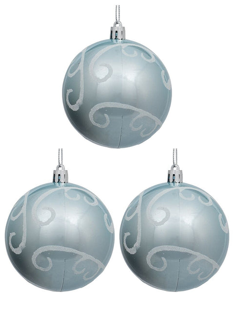 Christmas Warehouse - DECR7125 3x Dynamic Ice Blue Statement White Glitter Swirl Baubles | 80mm Ice Blue with White