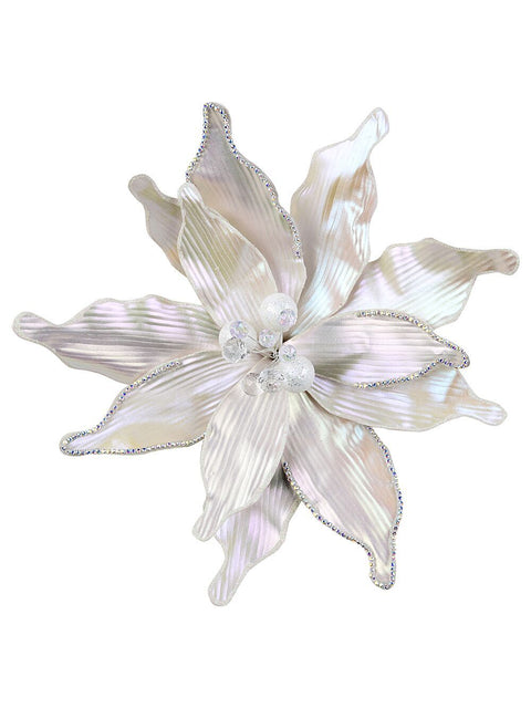 Christmas Warehouse - PICK2506 Matte Pearl Poinsettia With Diamante Edging Christmas Tree Clip Pick | 38cm Matte Pearl with Iridescent