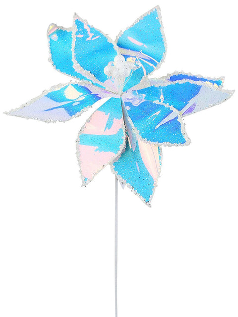 Christmas Warehouse - STEM2537 Iridescent Glossy & Sequin Poinsettia Long Christmas Stem | 55cm Iridescent with White & Clear