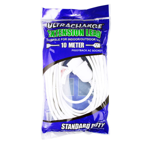 Ultracharge 10m Extension Power Cord 10A Cable with Piggyback Plug (White)