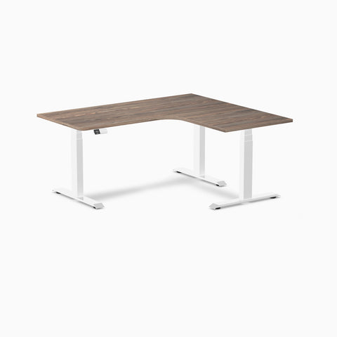 Desky L-Shape Melamine Sit Stand Desk 160cm - Right Return Natural Walnut Top and White Leg
