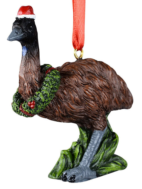 Christmas Warehouse - DECRH127 Native Emu With Festive Wreath Whimsical Essential Ornament | 80mm Brown with Green, Grey, Black & Red
