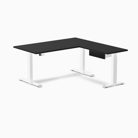 Desky Eco L-Shape Melamine Standing Desk With Drawer 150 x 155 cm Black Top and White Leg