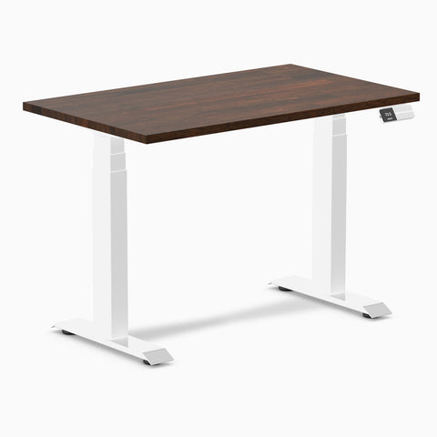 Desky Dual Mini Rubberwood Sit Stand Desk 100cm Dark Walnut Desktop and White Frame