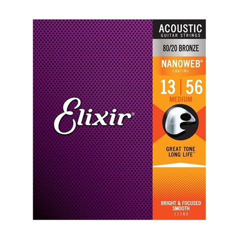 Elixir #11102 Acoustic Nanoweb Guitar String 80/20 Bronze 13-56 Medium Gauge