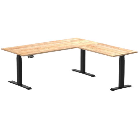 Desky Rubberwood L-Shape Sit Stand Desk 180 x 175 cm Natural Timber Top and Matte Black Leg