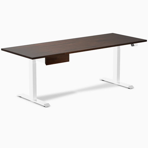 Desky Dual Rubberwood Standing Desk With Drawer 200cm Dark Walnut Desktop and White Frame