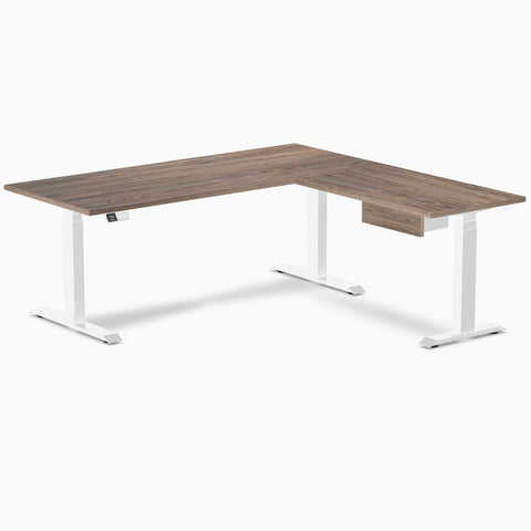 Desky Eco L-Shape Melamine Standing Desk With Drawer 180 x 175 cm Natural Walnut Top and White Leg